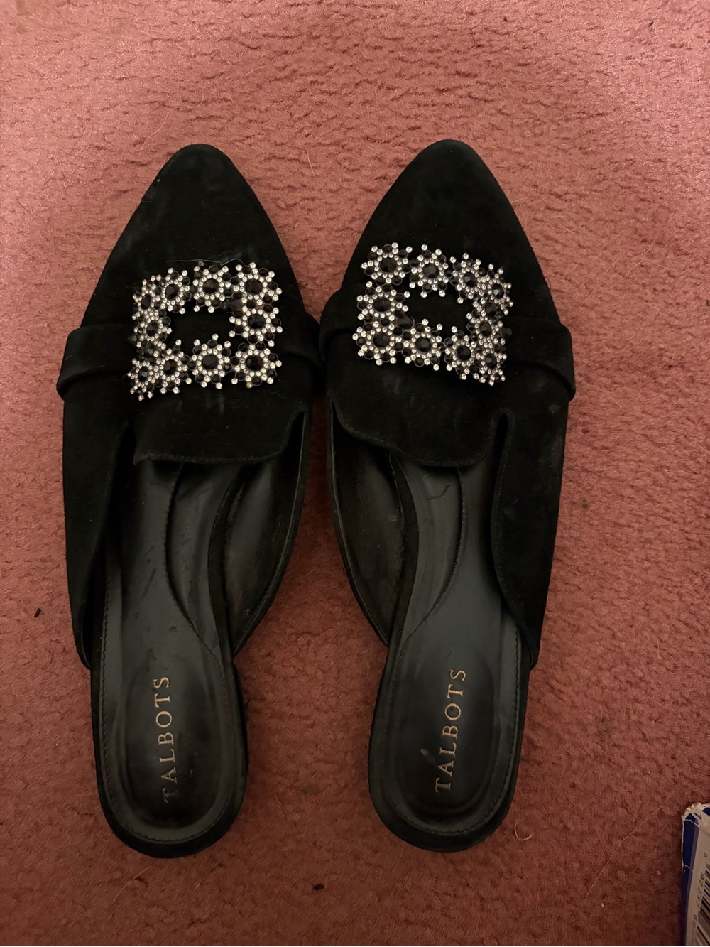 Talbots Black Suede Slip-On Mules with Crystal Buckles